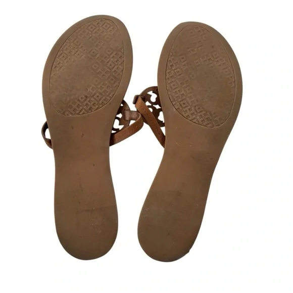 Elegant Tory Burch Miller Logo Tan Leather Sandals - Picture 7 of 8
